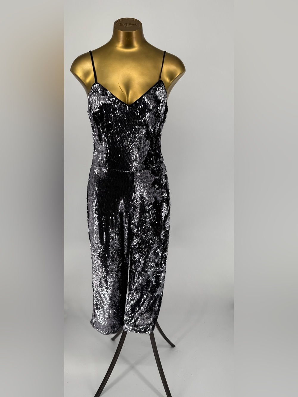 NWT Lucy Paris Silver Black Sequin Spaghetti-Strap Jumpsuit Size Small